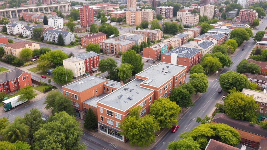 Aerial view of diverse urban neighborhood with residential buildings, tree-lined streets, and accessible transit infrastructure. Mix of mid-rise and low-rise structures. Safe, walkable residential area showing hotel location alternatives. No visible street signs, addresses, or identifying text.
