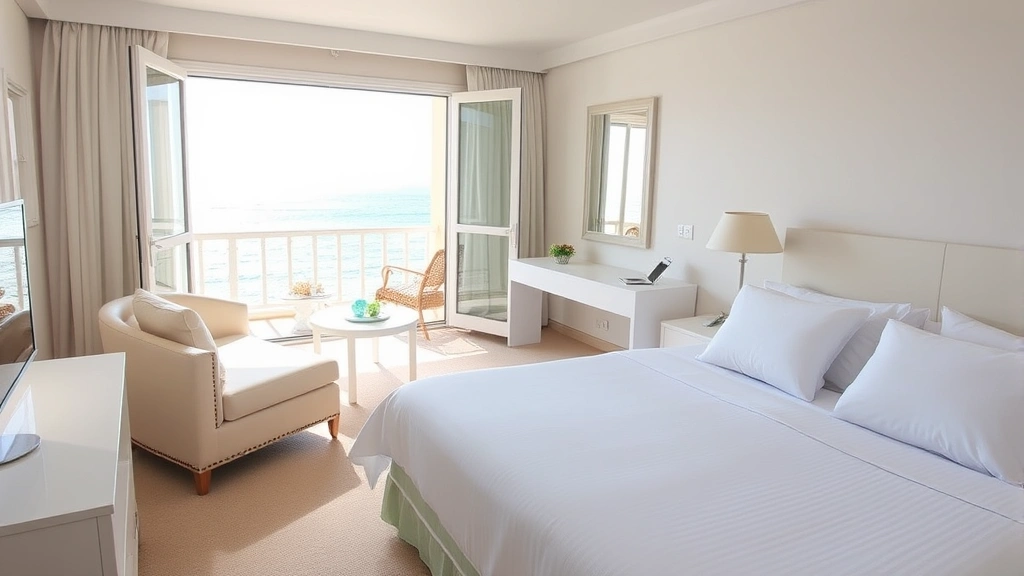 Bright, clean hotel room interior with white linens, coastal décor, open balcony doors revealing sea view, modern furnishings, and natural Mediterranean light streaming through windows