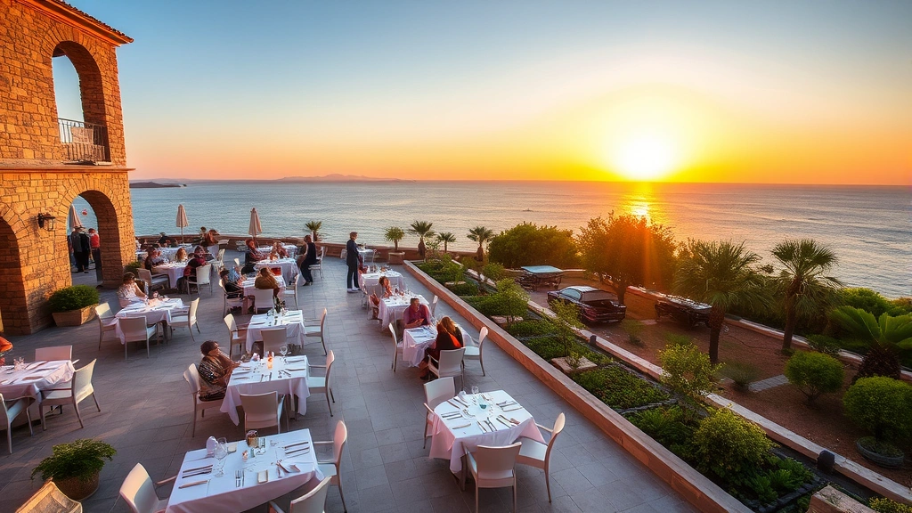 Sunset view of a seaside hotel terrace with guests dining at white tables, Mediterranean garden landscaping, stone architecture, warm golden light, and calm sea horizon in background