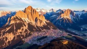 Aerial view of Cortina d'Ampezzo town nestled in dramatic Dolomite mountain peaks during golden hour, snow-capped summits in background, Alpine valley landscape