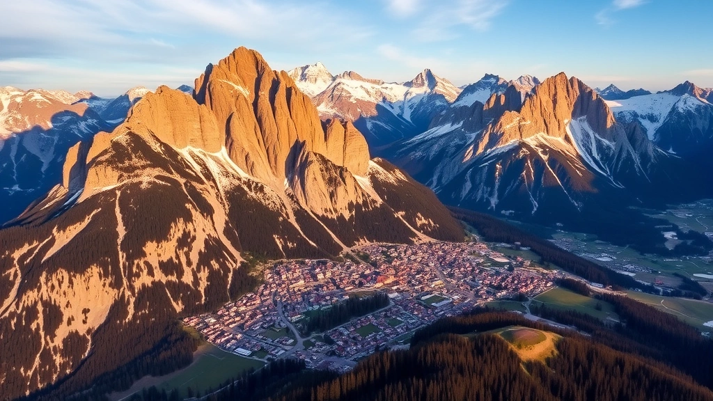 Aerial view of Cortina d'Ampezzo town nestled in dramatic Dolomite mountain peaks during golden hour, snow-capped summits in background, Alpine valley landscape