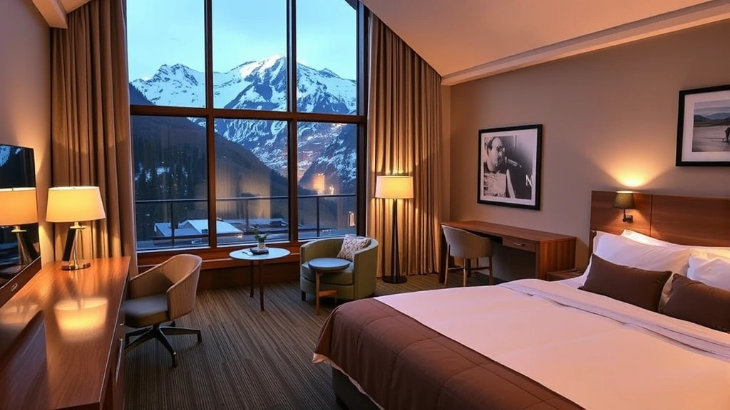 Luxurious hotel room interior with modern furnishings, large window framing mountain views, comfortable bed with quality linens, warm ambient lighting, contemporary Alpine decor