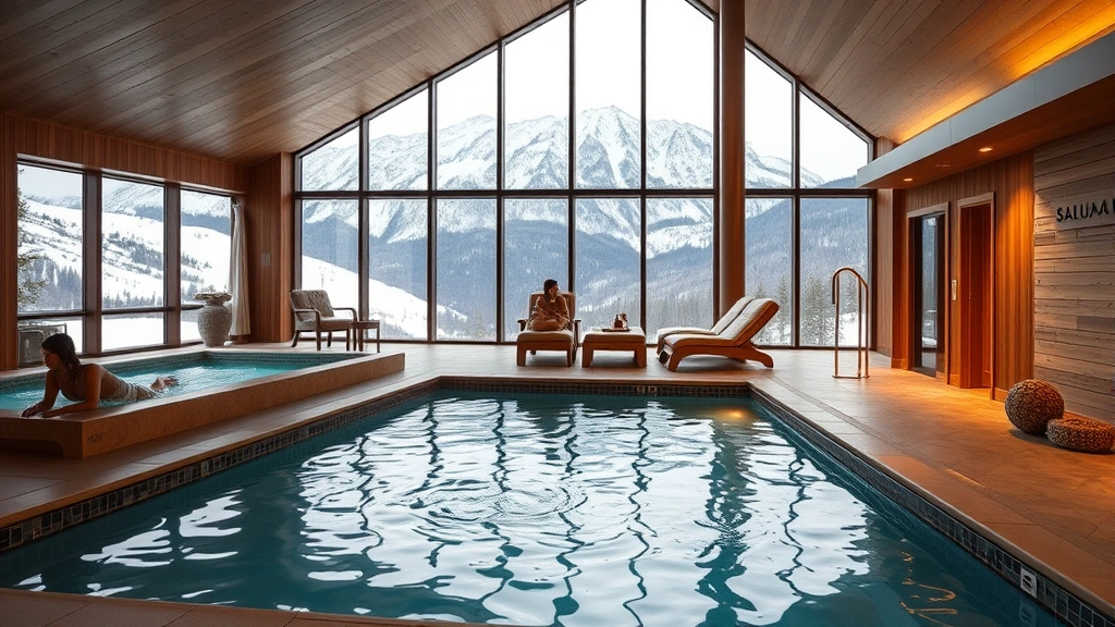 Wellness spa facility with heated indoor pool, sauna area, relaxation lounge with mountain views through large windows, guests enjoying spa amenities in Alpine setting