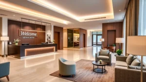 Modern hotel lobby with welcoming reception desk, comfortable seating areas, warm lighting, contemporary decor, clean and professional atmosphere, no text or signage visible