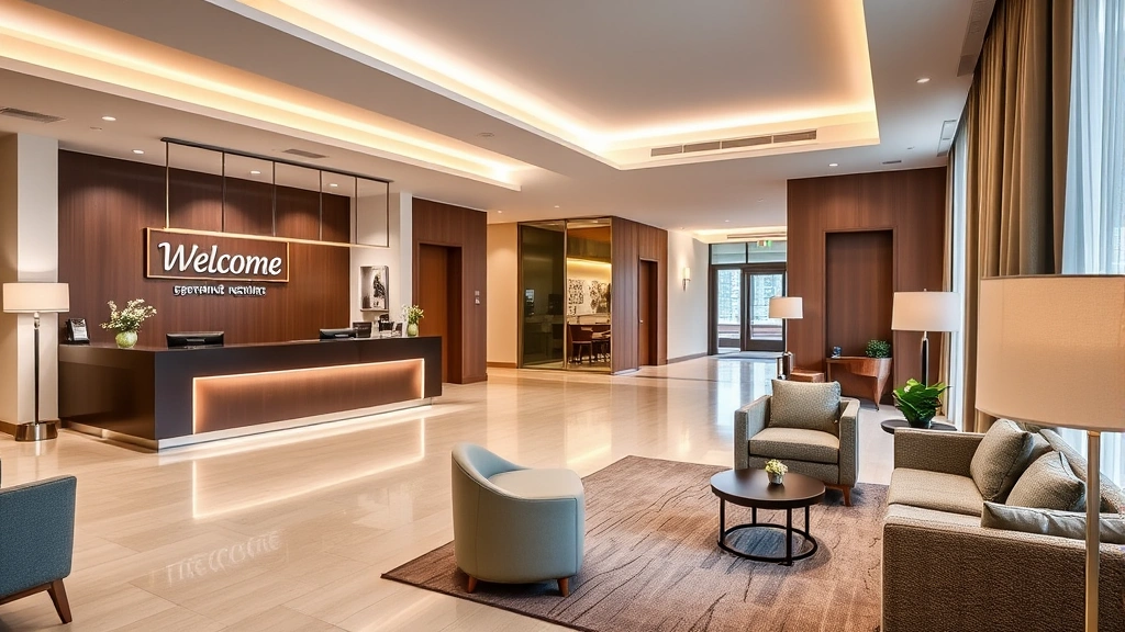Modern hotel lobby with welcoming reception desk, comfortable seating areas, warm lighting, contemporary decor, clean and professional atmosphere, no text or signage visible