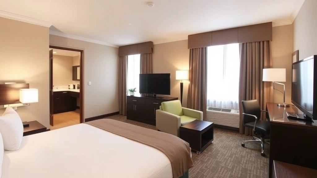 Comfortable hotel room interior with queen bed, desk workspace, modern furnishings, neutral color palette, windows with natural light, well-appointed bathroom visible, inviting hospitality setting