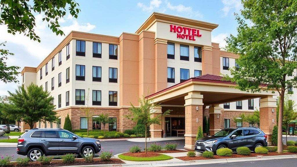 Hotel exterior showing modern building architecture, landscaped grounds with greenery, professional entrance with covered portico, vehicles in parking area, residential neighborhood setting, daytime photography