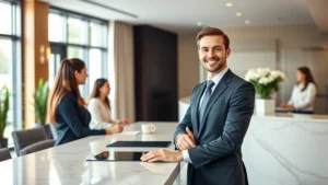 Professional front desk agent greeting guests at modern hotel reception area with warm smile and polished appearance, natural daylight from windows