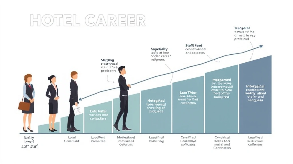 Hotel career advancement visual showing progression from entry-level staff to management roles with professional development training materials and certifications displayed