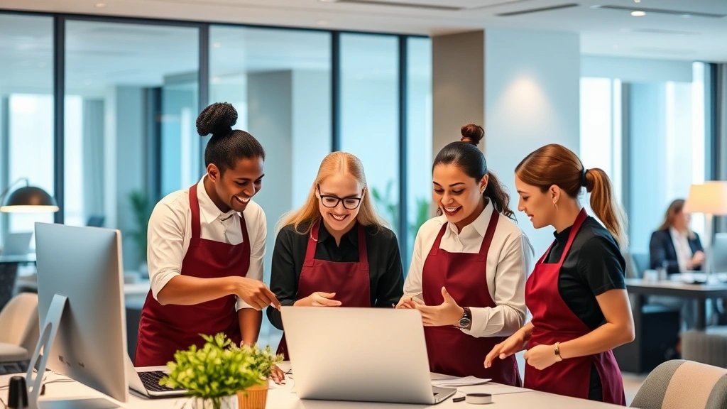 Hospitality professionals collaborating at hotel workspace, diverse team members reviewing guest services, smiling and engaged in productive teamwork