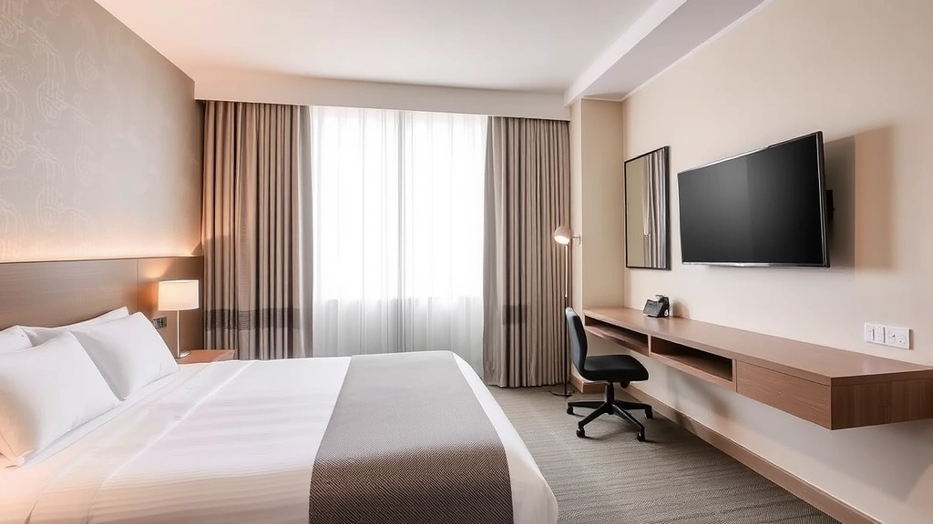 Modern hotel bedroom with neatly made bed, work desk with chair, flat-screen television mounted on wall, neutral beige and gray color scheme, natural window light, professional business-traveler environment