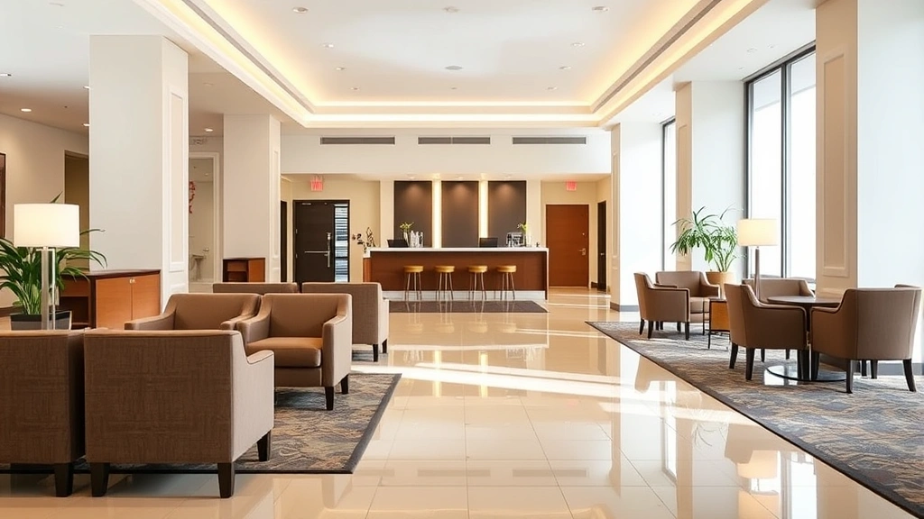Bright hotel lobby with comfortable seating areas, front desk in background, professional interior design, clean polished floors, contemporary lighting fixtures, welcoming entrance atmosphere