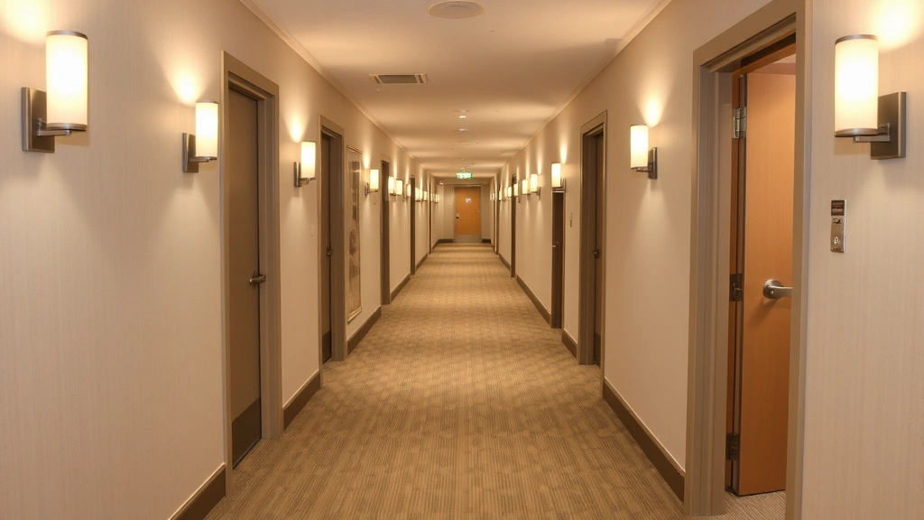 Hotel hallway with closed guest room doors, neutral carpeting, wall sconces providing warm lighting, clean maintained corridor, professional hospitality environment, multiple floor access visible