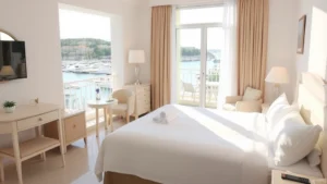 Bright Mediterranean hotel room interior with white bedding, balcony overlooking harbor, comfortable furnishings, natural sunlight, clean modern bathroom visible