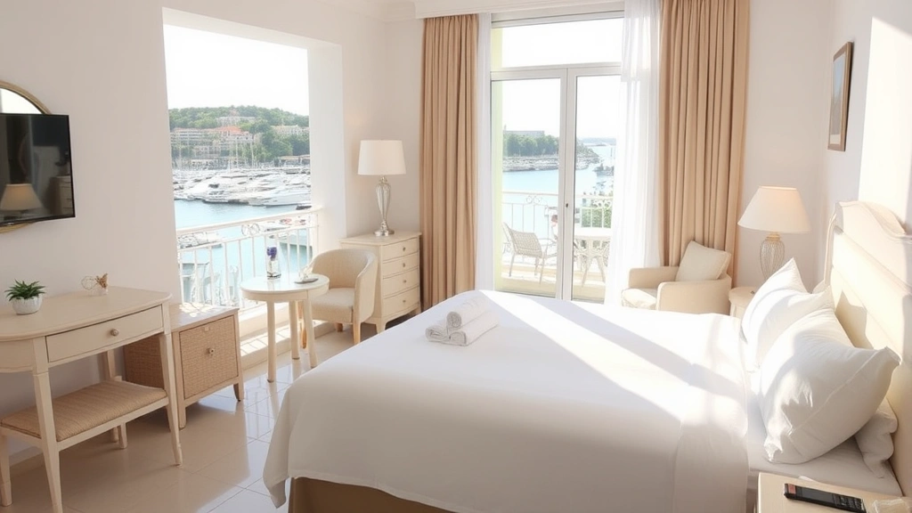 Bright Mediterranean hotel room interior with white bedding, balcony overlooking harbor, comfortable furnishings, natural sunlight, clean modern bathroom visible