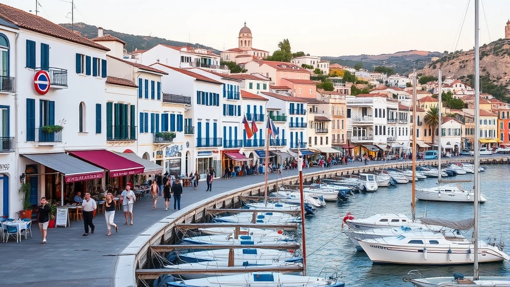 Bustling Zakynthos Town waterfront promenade with traditional whitewashed buildings, blue shutters, harbor boats, local restaurants, evening golden light, pedestrians walking
