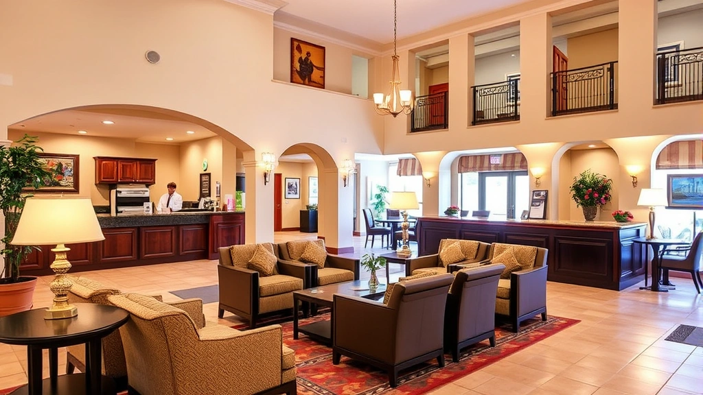 Comfortable hotel lobby with Mediterranean décor, comfortable seating areas, helpful front desk staff, warm lighting, welcoming atmosphere, modern amenities visible