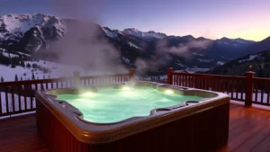 Luxury resort hot tub nestled in mountainous landscape with snow-capped peaks visible, steam rising from turquoise water, wooden deck surrounding, evening lighting creating warm ambiance, no text or signage visible