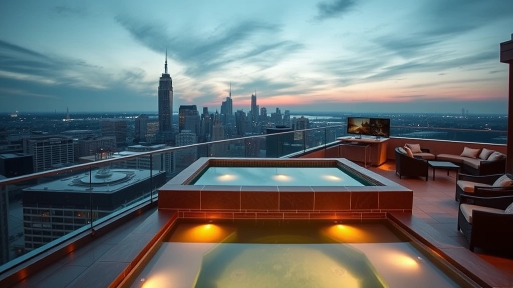 Upscale hotel rooftop hot tub with city skyline visible at dusk, modern architectural design, comfortable seating areas, warm ambient lighting, urban landscape background, no building numbers or text elements