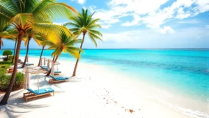 Tropical beachfront resort with turquoise ocean water, white sand beach, palm trees, and lounge chairs under beach umbrellas on a sunny Caribbean day