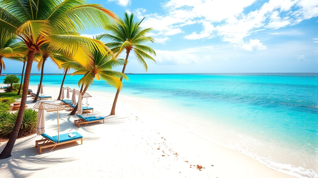 Tropical beachfront resort with turquoise ocean water, white sand beach, palm trees, and lounge chairs under beach umbrellas on a sunny Caribbean day