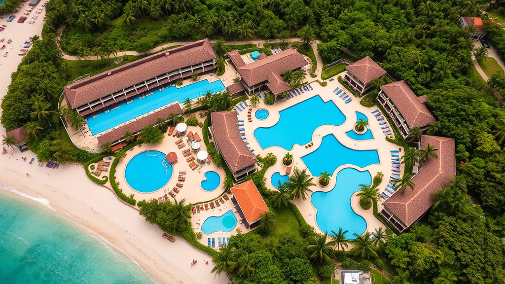 Aerial view of an all-inclusive resort complex showing multiple pools, restaurants, beach area, and guest accommodations surrounded by tropical vegetation
