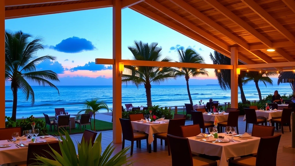Resort dining area with covered outdoor pavilion, tables set for service, ocean view in background, tropical plants, and warm ambient lighting at sunset
