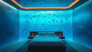 Underwater hotel bedroom with large acrylic window showing tropical fish swimming outside, queen bed positioned toward window, soft interior lighting, calm blue water environment, no text or signage visible