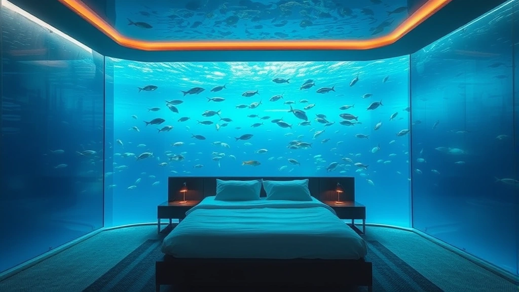 Underwater hotel bedroom with large acrylic window showing tropical fish swimming outside, queen bed positioned toward window, soft interior lighting, calm blue water environment, no text or signage visible