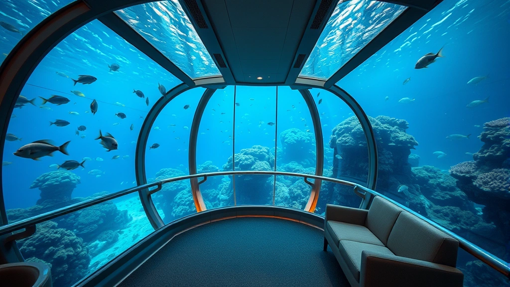 Submerged observation deck with multiple tropical fish and coral visible through large transparent walls, comfortable seating area, warm interior lighting contrasting with blue water outside, peaceful marine environment