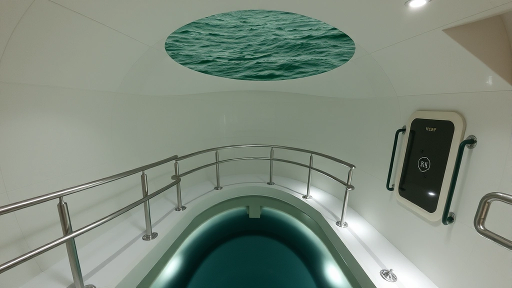 Moonpool airlock chamber with water visible above, modern safety railings, interior lighting, clean industrial design, no visible text or addresses, connection point between water and pressurized interior