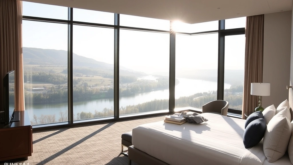 Modern luxury hotel bedroom with floor-to-ceiling windows overlooking a river valley landscape, contemporary furnishings, neutral color palette, natural morning light streaming through windows, Quebec countryside visible in background, no text or identifying marks