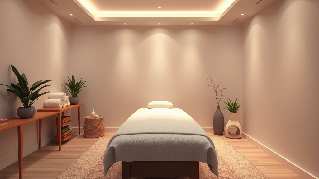 Elegant spa treatment room with massage table, soft ambient lighting, minimalist decor, rolled towels on shelf, potted plants, serene wellness environment, no signage or text visible, photorealistic spa ambiance