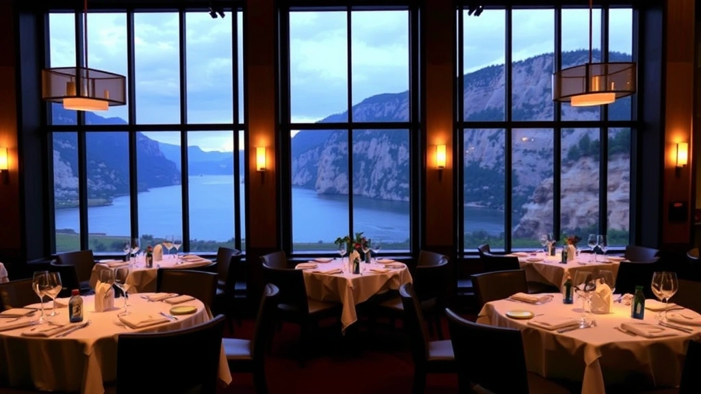 Fine dining restaurant interior with floor-to-ceiling windows framing river and cliff views, modern table settings with white linens, ambient lighting, upscale but welcoming atmosphere, no menu text or identifying signage visible