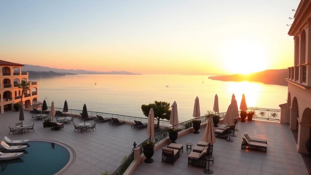 Serene lakeside hotel terrace overlooking calm water at sunset, elegant outdoor seating with lounge chairs and umbrellas, Mediterranean architecture, no people visible, golden hour lighting