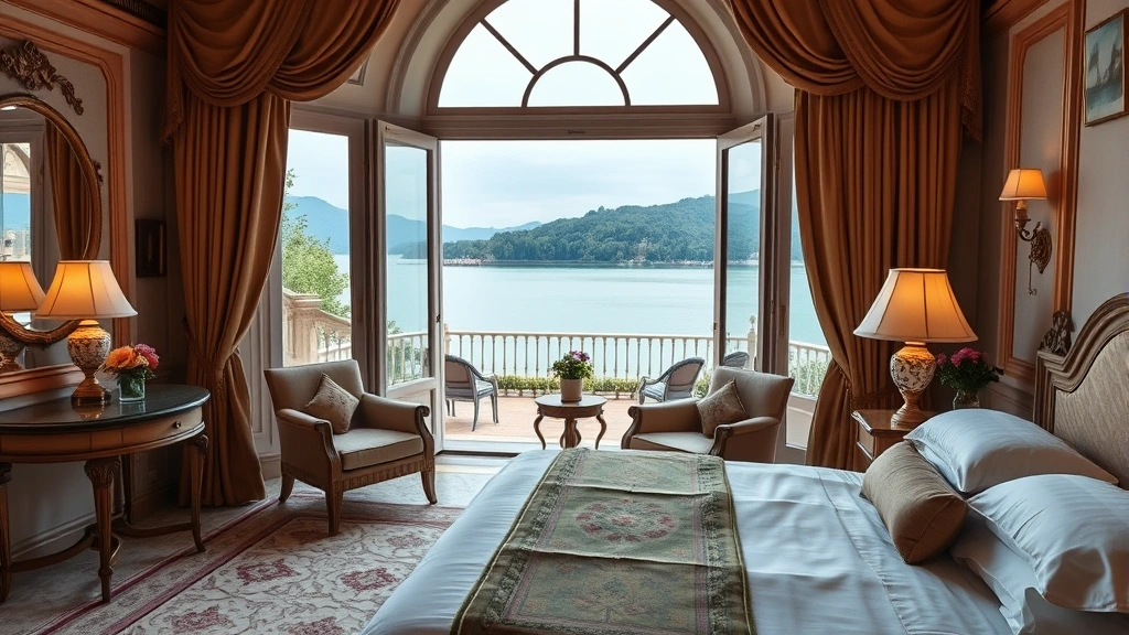 Luxurious hotel bedroom with classical Italian furnishings, lake view through large windows, elegant bedding, soft lighting, garden terrace visible, no text or identifying marks
