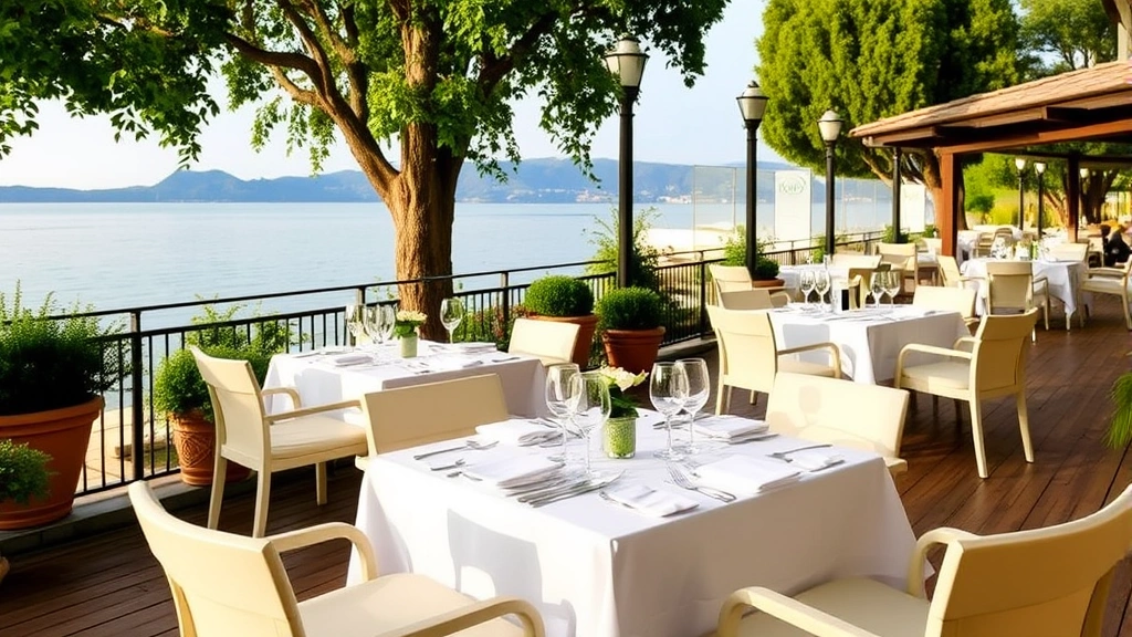 Waterfront dining area with white tablecloths and place settings, lake view in background, Italian garden elements, wooden deck or terrace flooring, natural lighting, no people or signage