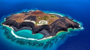 Aerial view of volcanic island resort with black sand beach, turquoise Mediterranean waters, and white building structures nestled on rocky volcanic terrain with scattered Mediterranean vegetation