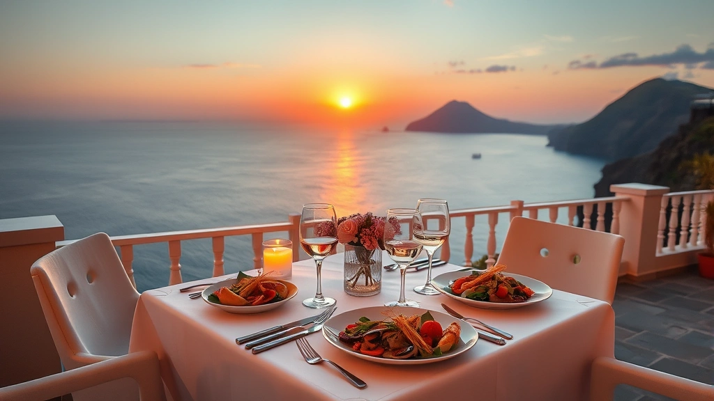 Elegant Mediterranean dining terrace overlooking ocean at sunset, white tablecloths, fresh seafood plates, wine glasses, warm golden lighting, and dramatic volcanic landscape in background