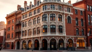 Victorian-era hotel building exterior with ornate architecture, arched windows, and brick facade in downtown setting during golden hour lighting, no signs or text visible