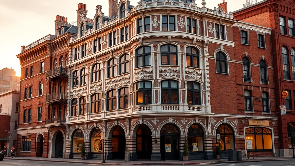 Victorian-era hotel building exterior with ornate architecture, arched windows, and brick facade in downtown setting during golden hour lighting, no signs or text visible