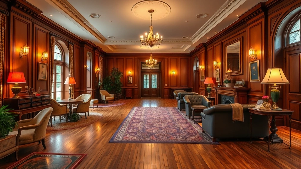 Elegant historic hotel lobby with original hardwood floors, period furnishings, vintage light fixtures, and comfortable seating areas, warm ambient lighting, no people visible