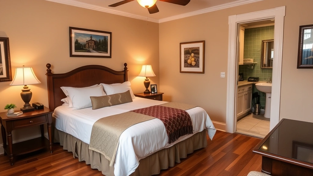 Cozy hotel guest room featuring queen bed with premium linens, hardwood floors, period-appropriate furnishings and decor, modern bathroom fixtures visible, warm inviting ambiance