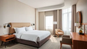 Modern hotel room interior with mid-century design elements, contemporary furnishings, neutral color palette, large comfortable bed with quality linens, minimalist decor, natural lighting from windows
