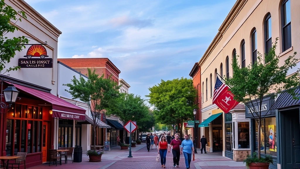Downtown San Luis Obispo streetscape showing walkable urban environment with restaurants, shops, galleries, pedestrians, evening lighting, tree-lined sidewalks, vibrant cultural district
