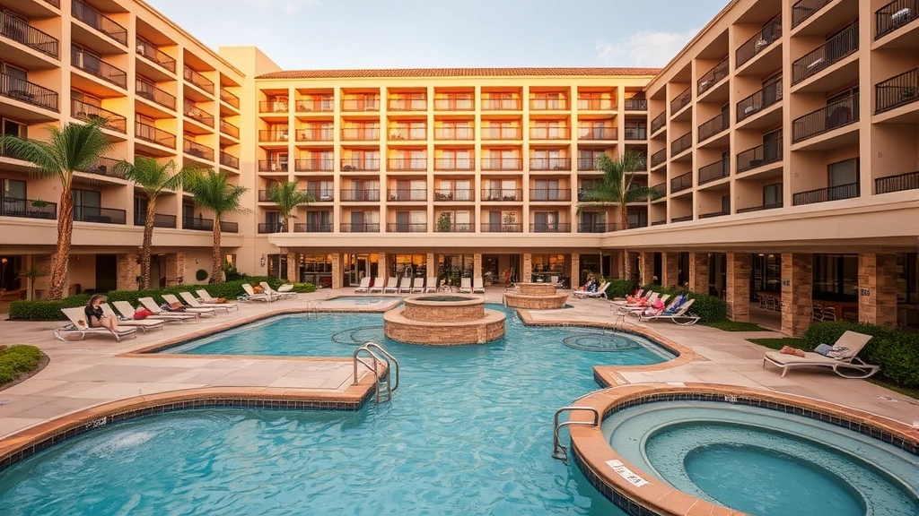 Hotel pool and spa area with lounging chairs, water features, surrounding landscaping, guests relaxing, clean facilities, modern design aesthetic, California coastal atmosphere