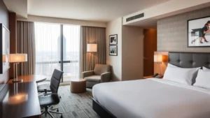 Modern hotel room interior with queen bed, desk, and contemporary furnishings at JFK airport hotel property