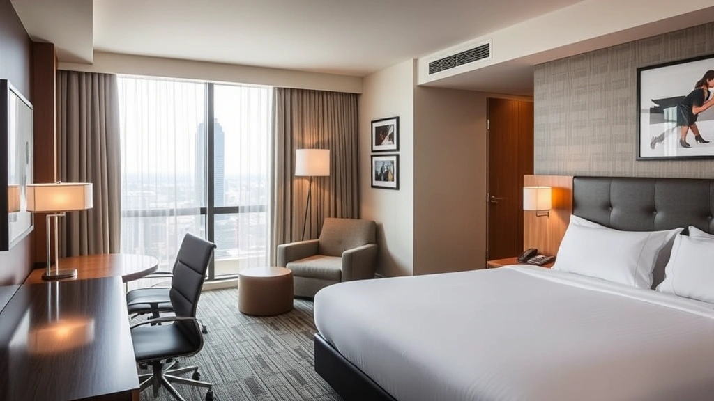 Modern hotel room interior with queen bed, desk, and contemporary furnishings at JFK airport hotel property