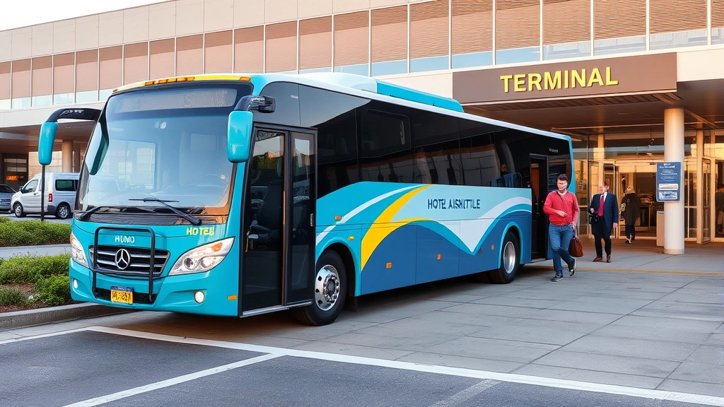 Hotel shuttle bus parked outside terminal entrance with passengers boarding during daytime at airport