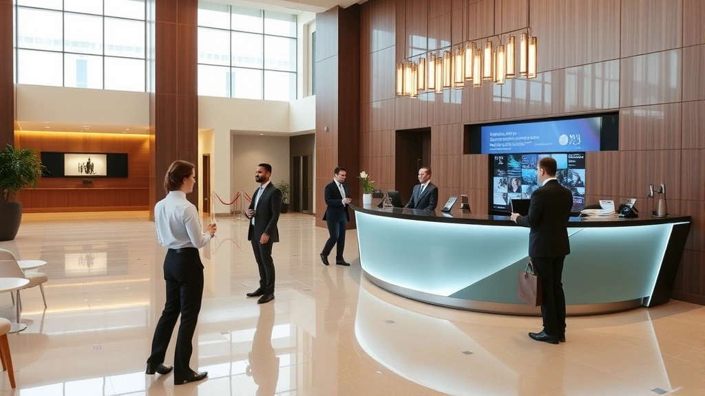 Contemporary hotel lobby with check-in desk and professional staff assisting guests in modern hospitality setting